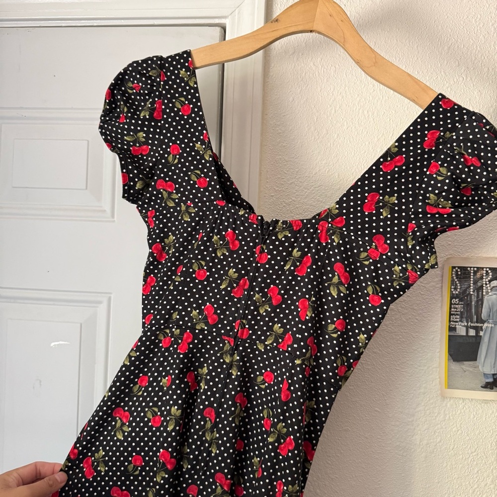 STOP STARING! black white red cherry polka dot fruit mod pinup sheath midi dress - Picture 5 of 7